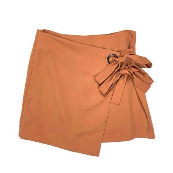 J.O.A. Wrap-Front Skirt Women Sz M Brown Rear Zip Asymmetrical Boho Coastal Mini - Picture 1 of 12